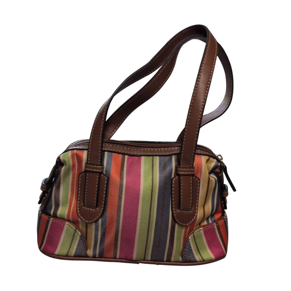 Etienne Aigner Vintage Striped Canvas Shoulder Bag faux Leather Trim Y2K Boho - Picture 2 of 9